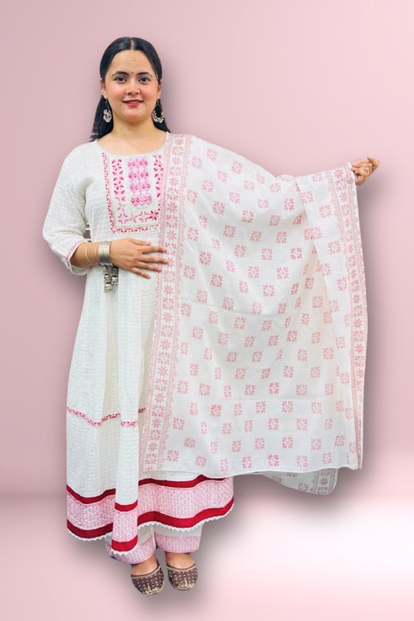 White Anarkali Kurta with Dupatta and Pant